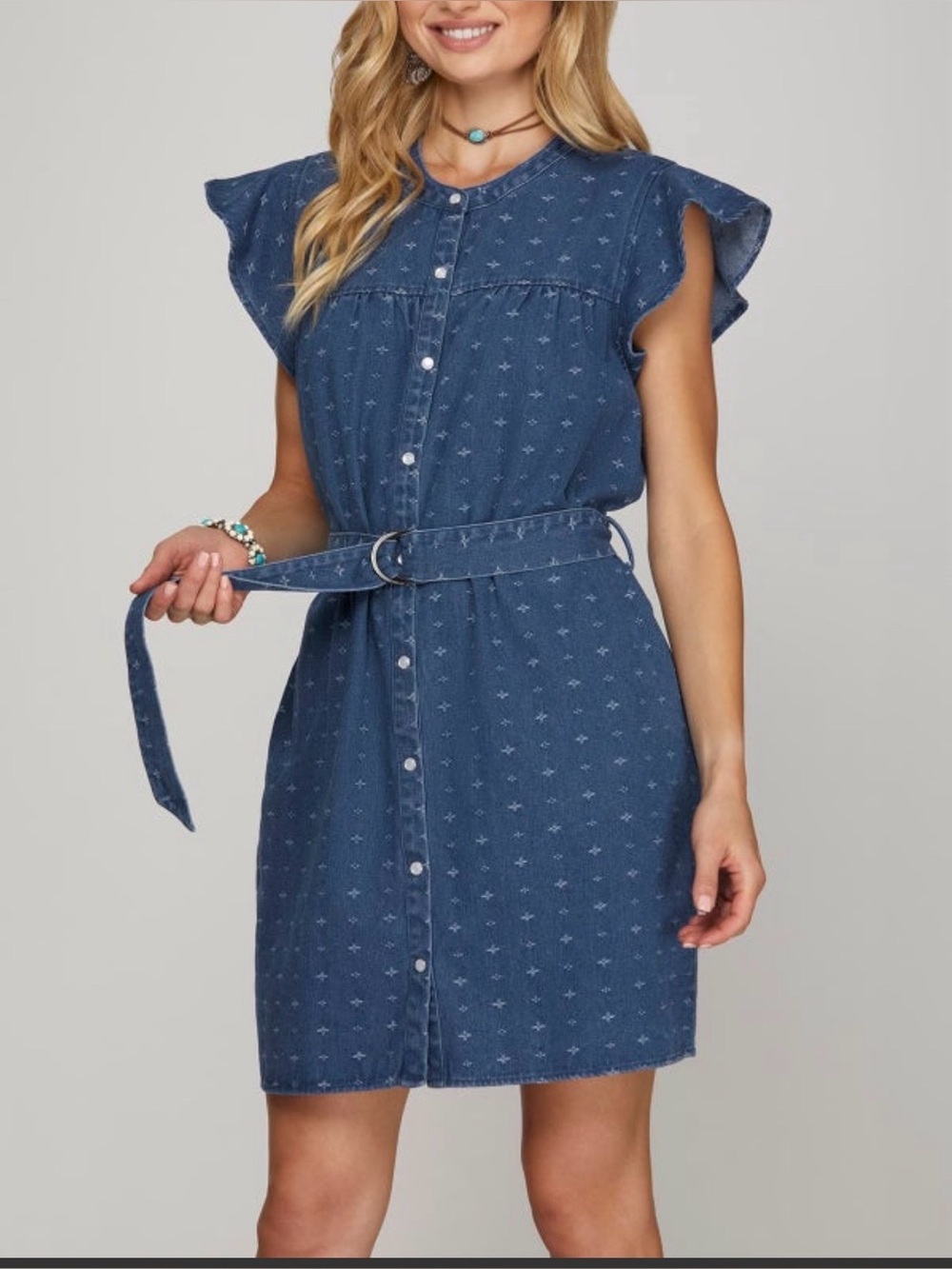 She + Sky Blue Button-Front Belted Denim Dress